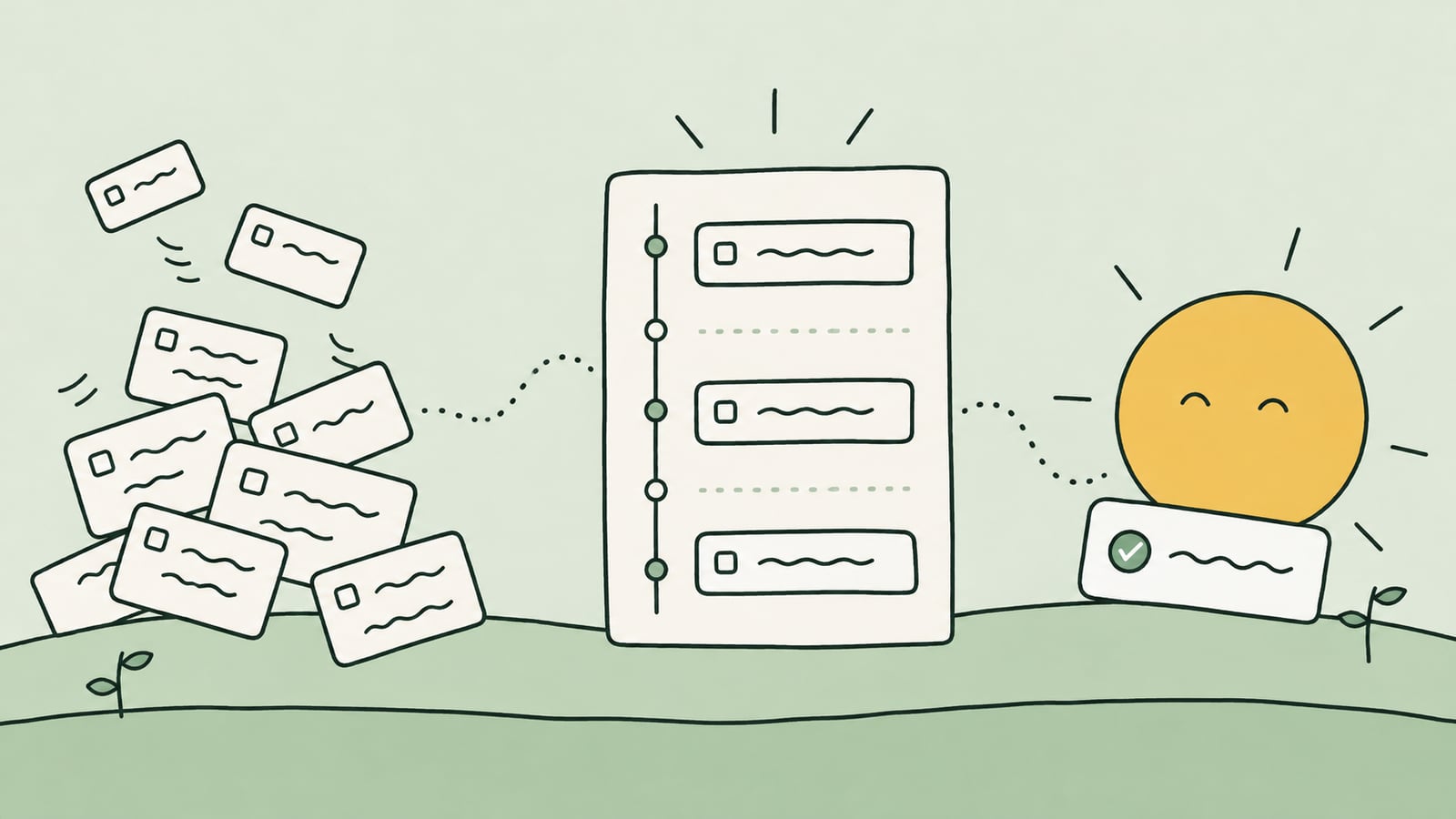 Hand-drawn task cards become a spacious daily schedule beside a smiling golden sun.