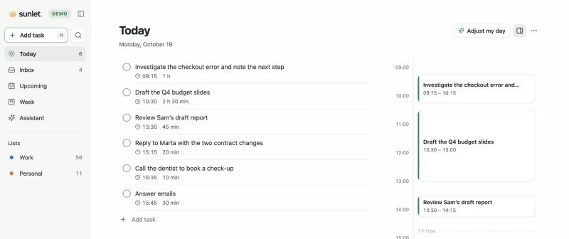 Sunlet’s Today view listing the six chosen tasks with start times and durations, beside a timeline with the investigation, budget slides and report review placed from 09:15.